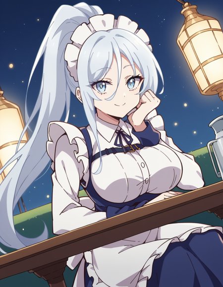 score_9, score_8_up, score_7_up, source_anime, <lora:sylpha-langlis-s1-ponyxl-lora-nochekaiser:1>, sylpha langlis, long hair, blue eyes, hair between eyes, ponytail, white hair,, large breasts, apron, maid, maid headdress, maid apron, frills, long sleeves,, runway, planes, lights, takeoff, landing, smile, sitting, elbow rest, table,, looking at viewer, solo,, dutch angle, cowboy shot