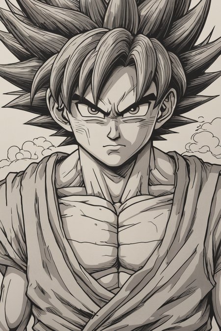 son Goku manga drawing,great detail,monochrome