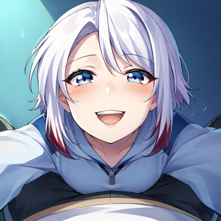 score_9, score_8, score_7, source_anime, silver soul, pov, looking at viewer, blush, smile, open mouth, upper teeth only