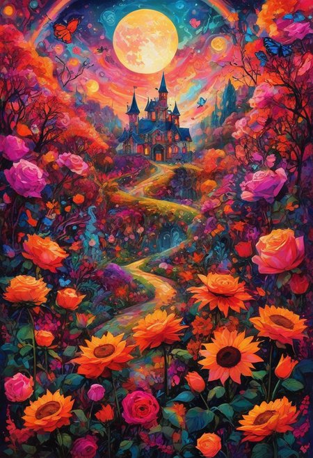 CreepyCuteMagical,   A garden of living flowers with humanoid features: roses with expressive faces, sunflowers with glowing eyes, and tulips with tiny arms. The flowers sway in unison under a sky ablaze with electric hues of orange and magenta. Butterflies made of glass flutter among them, their wings refracting light in dazzling patterns. The setting feels like a vivid fever dream crossed with an enchanted fairy tale.