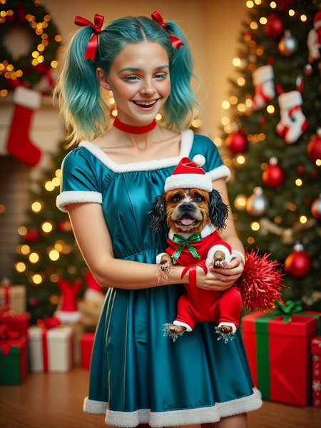 Animal Christmas,  1girl, aqua eyes, aqua hair, blue dress, blurry, blurry background, choker, collarbone, colored eyelashes, dress, bright eyes,Christmas background, hair ribbon, holding, holding dogin Christmas jumper, pleated dress, ribbon, happy, short sleeves, solo, twintails, cocker spaniel in tinsel
 <lora:Animal_Christmas:1>