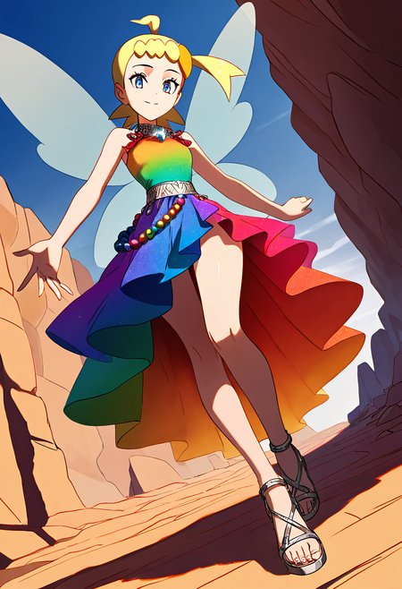 masterpiece, best quality, solo, curvy, beautiful eyes, narrow waist, wide hips, 1girl, solo, smile, looking at viewer, dynamic angle, foreshortening, close up,    zzBonnie, bonnie_(pokemon), blue eyes, ahoge, blonde hair, hair ornament, short hair, side ponytail,  ,<lora:BonniePokemonIXL:1.0>, [Rainbow Fairy], multicolored flowing dress made from iridescent fabric that shifts colors, wings that shimmer with every hue of the rainbow, sparkling gemstone belt, silver sandals with rainbow straps, braided hair adorned with tiny rainbow beads, standing on a cliff with a brilliant rainbow arching across the sky, sunlight glinting off the wings,