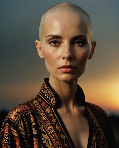 Full-length portrait of bald woman, great beauty, hyper-detailed eyes, low gaze, straight nose, full lips, mouth half-open, (Steve McCurry, Helmut Newton, Karl Lagerfeld), head raised, profile, tunic, very high contrast, daylight sunrise, dark background, earthy tones, photographic quality, 4K