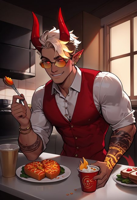 score_9, score_8_up, score_7_up,score_9, score_8_up, score_7_up, (Boy: light tan skin, Toned and tall), Pretty face, handsome smile, perfect face, (((White Glowing hair))), ((Glowing golden irises)), (Neon Red pupils),  tan skin, shiny skin, Curley short haircut, ((2 spiral red horns)), (((Demon))), (Medium muscle build), gages in ears, Neon tattoos on arms, Neon V tattoo on hips, Neon demon tattoos on chest, wild hair, toned hips, ((fit look, large Gold intelligent glasses)), white sleeves dress shirt, Red vest, gold embroidery, dress shoes, eating meal on table, thanking wife for food, ((Gold aura surrounding body)), 
big kitchen, placing food in fridge, putting food away, food containers in fridge, food wrapped up in kitchen, clean kitchen