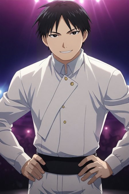 score_9, score_8_up, score_7_up, source_anime, rating_safe, intricate details, , looking at viewer, depth of field, 1boy, solo, male focus, <lora:roy_mustang_pony:0.84>, roy_mustang, black hair, black eyes, close-up, concert, midnight, hand on hip, smile, , <lora:sdxl_lightning_8step_lora:1>