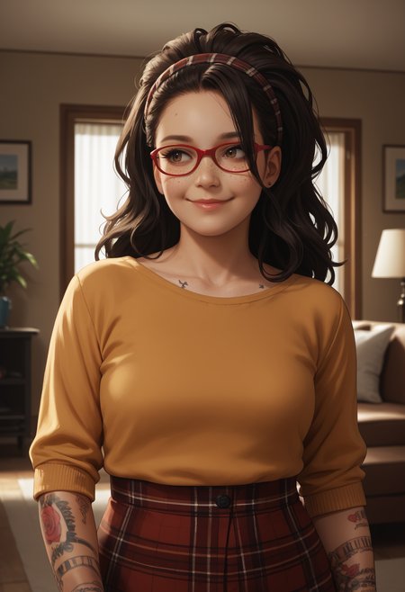 score_9, score_8_up,score_7_up, source_anime, 1girl, solo, <lora:DMCNC_pdxl_EliPot:1> Ncltt, mature female, 
black hair, long hair, brown eyes, glasses, red-framed eyewear, plaid hairband, freckles, 
arm tattoo, hand tattoo, nail polish, 
 looking to the side, closed mouth, smile, indoors, living room,