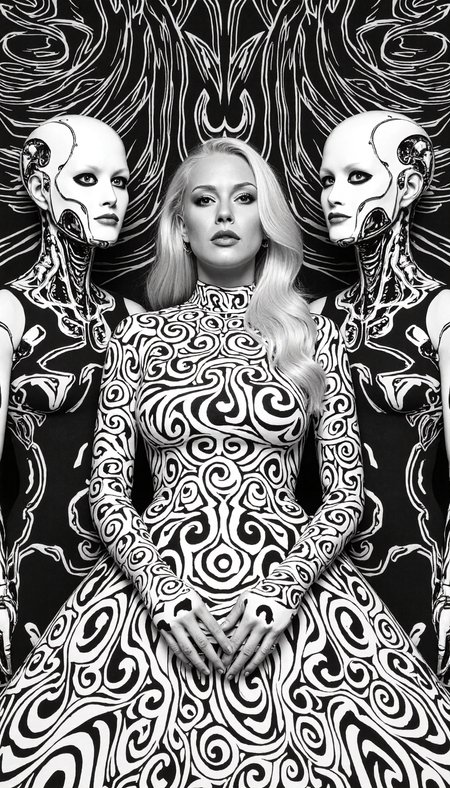 A hypeA hyper-realistic portrait with a surreal, moody analog photography aesthetic, crafted as a monochrome line artwork of unbroken, bold, thick lines. The focal point is an African woman with albinism, her ghostly pale skin, white flowing hair, and striking pale eyes exposed without a mask, integrated into the hypnotic linework. Her curvaceous form is adorned with an intricate, high-collared gown that merges with the flowing lines, ensuring modesty. Cyborg companions, their unmasked faces displaying angular cybernetic enhancements and glowing optic lenses, wear sleek, cybernetic suits. The lines twist into intricate patterns, forming an optical illusion that exudes surreal elegance. The 16K composition, in bold black and white, captivates with cinematic intricacy. <lora:KB_Kentmere400_FLUX:0.05> <lora:NAI_Flux1._D_-_The_Edgy_Mech_NAi_v3.0_robot_cyberpunk:0.45>