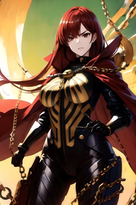 solo_focus, 1girl, (((masterpiece))), ((best quality)), ((ultra-detailed)), high resolution, absurdres, highres, ultra-detailed 8k unity wallpaper, 
oda_biig,large breasts,red eyes,black bodysuit,red hair,chain,collared cape,