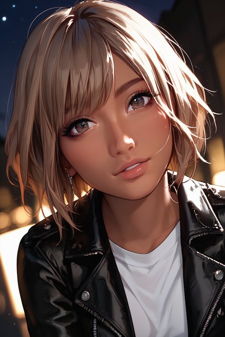 score_8_up, score_7_up , score_9, 1girl, AIKA, solo,intense blonde hair, bob hairstyle, grey hazel eyes, eyebrows, tanned skin, dynamic lighting, leather jacket, white shirt, jeans, standing, dynamic angle, night, (face close-up:1.4),leaning,  <lora:Smooth Style 2 SDXL_LoRA_Pony Diffusion V6 XL:0.25>, <lora:Expressive_H:0.85>, <lora:g0th1cPXL:0.4>, <lora:incase-ilff-v3-4:0.25>, <lora:aika_v1:0.7>