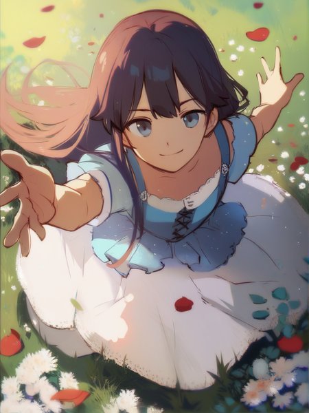 score_9, score_8_up, score_7_up, score_6_up, score_5_up, score_4_up, source_anime BREAK 1girl, female focus, ((from above, looking at viewer, reaching towards viewer)), arm up, dynamic pose, outdoors, sunlight, llustration,  day BREAK,  smirk, :d,  dress, long hair, moist skin, petals, wind lift, grass,  <lora:Idoraa-25:1> , <lora:add-detail-xl:1> , <lora:loraeyesxl:1> , <lora:Pony_QualityV4.0:1>, <lora:ClearHand-V2:1>