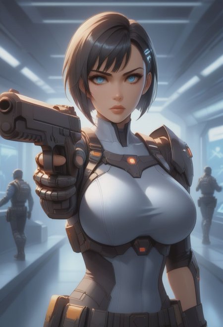 score_9, score_8, score_7, blue eyes, black hair, short hair, delicate features, stunning beauty, (asian features:0.8), (caucasian features:1.2), upper body, (large breasts:1.8), digital art, by sakimichan, cyberpunk soldier girl, dual pistol, (right cybernetic arm adjoined at the shoulder)