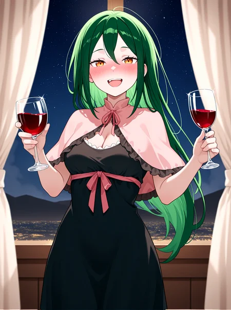1girl, <lora:kncrusch_sn55:1>,crksn, green hair, pink frilled capelet, black sleeveless dress, pink ribbon,
nighttime, stars, atmospheric, looking at viewer, cheerful, open mouth, drunk, holding glass of red wine, curtains,
looking at viewer, cowboy shot, straight shot,
high resolution, ultra-detailed, absurdres, masterpiece, best quality, good quality, newest,
