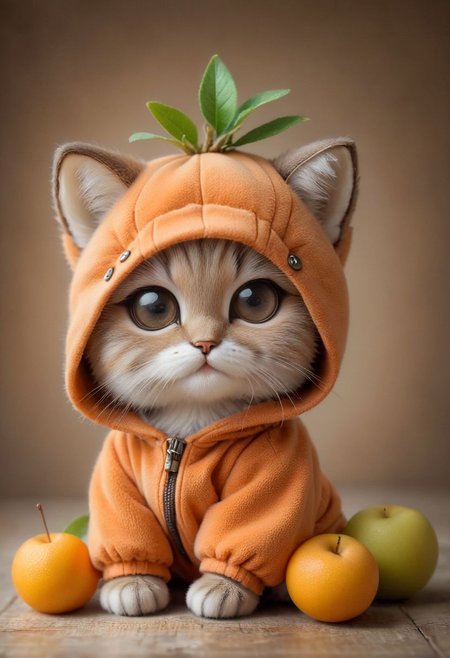 An award winning photo , a cute little baby cat,sitting around in a apricot costume, (fruit) , (((cuteness overload))) <lora:add-detail-xl:1>,  <lora:WowifierXL-V2:1>, zhibi
