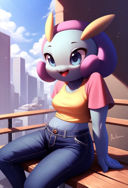 score_8_up, score_7_up, score_6_up, source_anime,, rating_explicit, BREAK solo,  mouth, ,smile , medium breasts ,female, ,cute,anthro, cute ,cute head,,pokemon (creature),,1girl, breasts,cute,,mouth,city,on a bench,tee-shirt,jeans,semi open mouth, ,anthro,form anthro,Illumise,detailed,