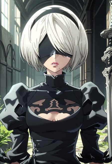 score_9,score_8_up,score_7_up,source_anime, YORHA_NO.2_TYPE_B,1girl,solo,looking at viewer,short hair,blue eyes,long sleeves,gloves,dress,hat,upper body,white hair,weapon,hairband,parted lips,black gloves,hand up,sword,tears,mole,hair over one eye,black dress,aqua eyes,lips,turtleneck,black hairband,crying,katana,mole under mouth,one eye covered,pink lips,blindfold,weapon on back,black blindfold,