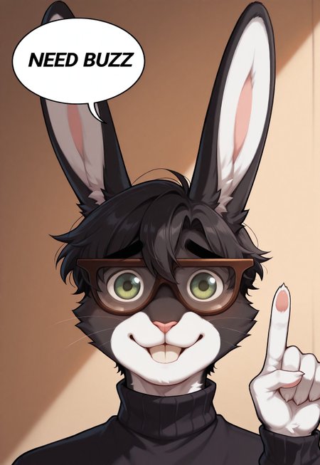 masterpiece, best quality, amazing quality, very aesthetic, absurdres, extremely detailed, newest, volumetric lighting, ((furry, anthro rabbit boy)), high quality, best quality, cowboy shot, sharp focus, male focus, solo, 1boy, rabbit boy, black hair, green eyes, animal ears, long rabbit ears, luscious fur, black fur, huge round prescription eyeglasses, whiskers, acting cute, acting shy, flirting, mikus-nerd, only head, round face, large front teeth, round lenses, raised eyebrows, awkward smile, nerd, index finger points up, ((portrait, turtleneck)), sfw, white fur on neck, "Need Buzz!" in speech bubble, speech bubble,english text, talking