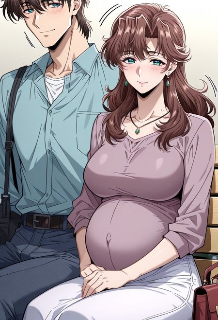 masterpiece, best quality, newest, highres, uncensored, 1girl, yokota mamoru style,1girl, slender face，motion lines,blush
Zeroshiki Makoto,Brown Hair, Long Hair, Parted in Middle,Teal Eyes,Pendant Earrings, Pendant Necklace
pregnant, 1girl, family, 1boy, mature female, bench, blush, smile, bag, sitting