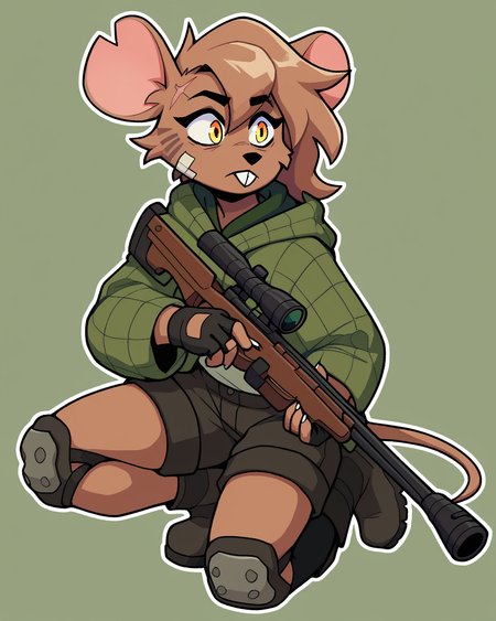 score_9_up, score_8_up, score_7_up, score_6_up, by remanedur, female, mouse, yellow eyes, facial scar,  bandaid on face, notched ear,  face paint, brown hair, tail, brown fur, boots, black shorts, green jacket, buckteeth, single knee pad, single thighhigh, fingerless gloves, cargo shorts, holding gun, ranged weapon, rifle, green hoodie, solo, open jacket, three-quarter view, simple background, white outline, <lora:Leah_Pines(AIM)_XL_v1:0.15> <lora:PDXL_artist_tags_v2_big:0.5> <lora:The-Minuscule-Task_PDXL_v1.0:0.6>  <lora:Leah_Pines_v2_WirelessShiba:0.7>