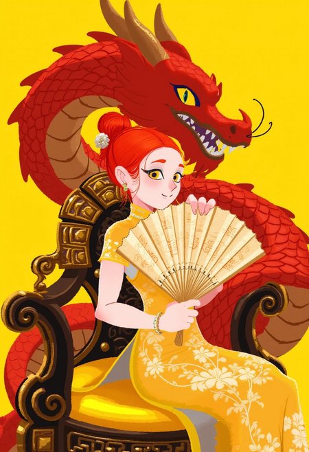 ((flat color, no lineart)) A digital illustration, art by torikun,  of a woman with pale skin and red hair styled in an intricate updo, wearing a traditional Chinese qipao dress with gold embroidery and yellow accents, sitting on an ornate throne. She holds a large, intricately designed fan in her right hand, which is partially open, revealing the delicate patterns on the inside. The throne is made of dark wood with gold details, and she sits on a yellow cushion. Behind her, a large, menacing red dragon with yellow eyes and golden horns wraps its body around the throne, its head looming over her. The background is a solid, vivid yellow, enhancing the dramatic and regal atmosphere of the scene. The woman's expression is calm and composed, with her lips painted a deep yellow, matching the yellow accents on her dress. The dragon's scales are detailed and textured, giving a sense of depth and realism. The overall style is highly detailed and realistic, with a focus on intricate patterns and textures. The lighting is soft, with shadows adding depth to the scene. The woman's dress and the dragon's scales are highlighted with a warm, golden glow, while the yellow background provides a stark contrast. The image conveys a sense of power, elegance, and mystique, blending traditional Chinese elements with a fantastical dragon motif. The woman's serene expression contrasts with the intimidating presence of the dragon, suggesting a balance of power and grace.