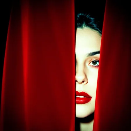 analog film photo surrealist art ultra realistic, ultra detailed, ultra quality, ultra lighting, cinematic, ethereal ambience, ethereal presence ,analog close-up portrait of a beautiful woman partially hidden behind a heavy crimson velvet curtain, only one eye visible, shimmering with tear gloss and mystery, face softly lit by a warm spotlight that fades to shadow, deep matte red lips and brushed up brows, jet-black hair tucked behind her ear, background entirely velvet texture, shot on Hasselblad 500CM with Kodak Ektar 100, saturated reds and velvety skin tone, surreal and theatrical, like a stage between desire and secrecy
<lora:Beautifulartisticportraitsv.1.4:1> aesthetic, surr34l . dreamlike, mysterious, provocative, symbolic, intricate, detailed, RAW candid cinema, 16mm, color graded portra 400 film, remarkable color, ultra realistic, textured skin, remarkable detailed pupils, realistic dull skin noise, visible skin detail, skin fuzz, dry skin, shot with cinematic camera . faded film, desaturated, 35mm photo, grainy, vignette, vintage, Kodachrome, Lomography, stained, highly detailed, found footage