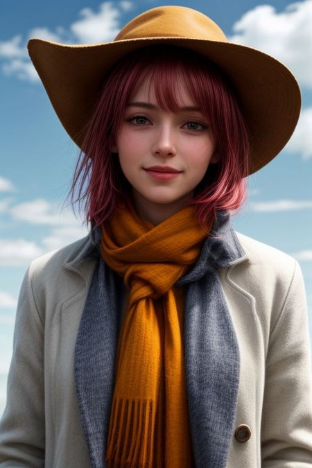 a girl in a mustard yellow hat and a white jacket with a gray scarf. She has red hair and brown eyes. She smiles and looks at the camera. Behind her is a blue sky with sparse white clouds