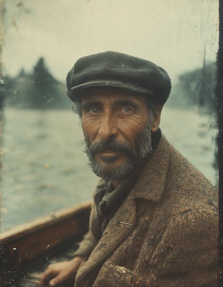 35mm vintage photo of an old fisherman on a boat, bokeh, 4k, uhd, masterpiece
