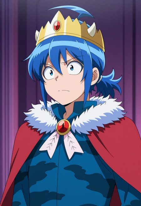 masterpiece,best quality,amazing quality, source_anime,
IrumaSuzuki, 1boy, male focus, solo, blue eyes, blue hair, ahoge, ponytail, crown, horns, jacket, camouflage jacket, blue jacket, brooch,  cape, red cape, fur trim, portrait,
indoor,