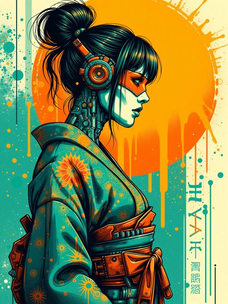 (sign reading "SPLASH ART":1.3) , mad-cbrpnksplshrt cyberpunk woman wearing a futuristic kimono in front of stylized sun, cybernetic implants, paint splashes, outrun, teal and yellow background,<lora:Neon_Cyberpunk_Splash_Art_FLUX:0.6>