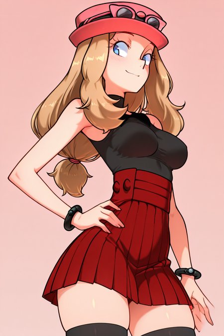 masterpiece, best quality, 1girl, solo, beautiful eyes, zzSerena, solo, long hair, blue eyes, eyewear on headwear, pink headwear, eyelashes, sleeveless shirt, black shirt, bracelet, high-waist skirt, red skirt, black thighhighs,  <lora:SerenaPokemonIXL_v2:1.0>,   <lora:TobiaswhellerIXL_v2:1.0>, cowboy shot, hand on hip, smug, smile, looking at viewer, shiny skin,