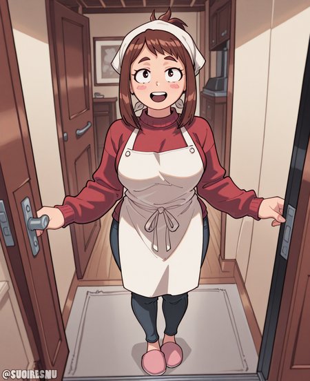 <lora:suoiresnuC:1> suoiresnu,
(masterpiece), (best quality), (ultra-detailed), amazing quality, very aesthetic, illustration, perfect composition, intricate details, absurdres, incredibly absurdres, shiny skin, realistic,
 suoiresnu, uraraka ochako, 1girl, solo, brown hair, apron, , slippers, brown eyes, looking at viewer, pov doorway, , smile, open mouth, pants, sweater, standing, red sweater, sidelocks, full body, indoors, breasts, opening door, blush, door, open door, d, shirt, head scarf, blush stickers, uraraka ochako, general