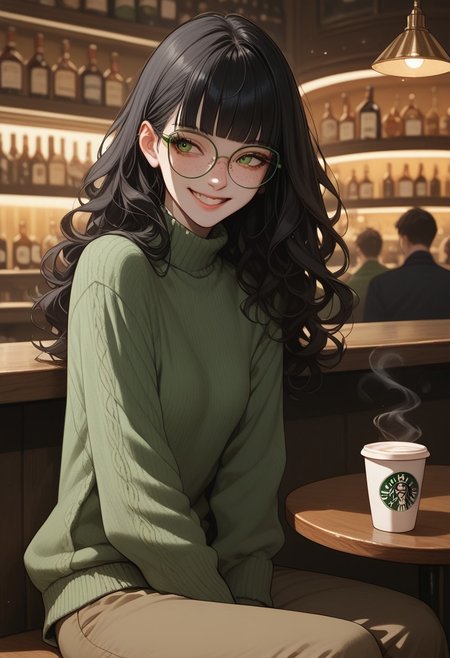 score_9, score_8_up, score_7_up, score_6_up, score_5_up, score_4_up, 1woman, Claudia, ClaudiaRH, long  black hair, wavy hair, blunt bangs, green eyes, big squared eyeglasses, small breasts, slim, pale skin, freckles, green sweater, brown pants, sitting, bar, cup of coffee, crowded, smiling, looking away, happy, angled view,