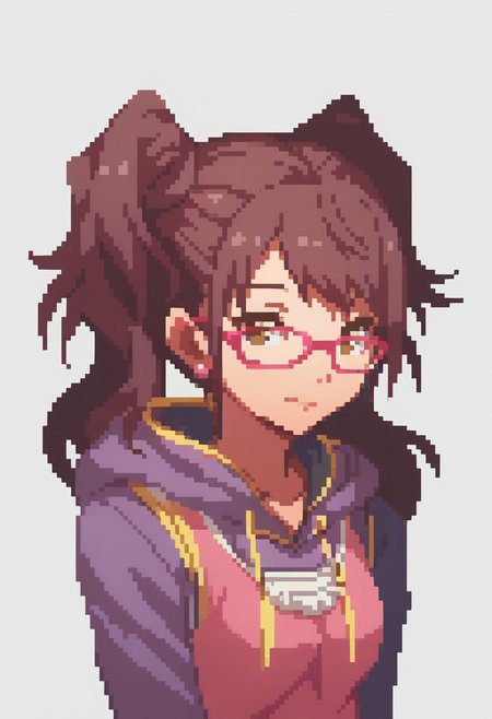 score_9, score_8_up,  detailed,    absurdres, extreme_quality,   anime style,     portrait, upper body portrait, slight side angle,   rpg portrait,  rpg, portrait,  , shadow, plain background, light grey background,  , upper body focus,   face focus, looking at viewer,  slight smile, p4rise, kujikawa, rise, twintails, long hair, brown hair, pink earrings, glasses, pink-framed eyewear,  p4rise-wincas, hoodie, purple hoodie, hood, tank top, pink tank top, layered clothes, skirt, pantyhose,