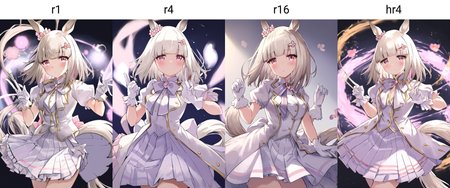 Mik, horse ears, solo, hair ornament, flower, hair flower, hairclip, looking at viewer, horse girl, pink eyes, medium hair, bow, blush, tail, blunt bangs, horse tail, puffy short sleeves, upper body, gloves, bowtie, white shirt, white gloves, jacket, pleated skirt <lora:mik_r1:1>