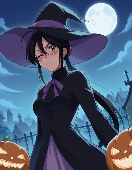 score_9, score_8_up, score_7_up, source_anime, <lora:sae-shirai-s1-ponyxl-lora-nochekaiser:1>, sae shirai, long hair, black hair, ponytail, ahoge, glasses, black eyes, hair between eyes, sidelocks, medium breasts,, <lora:witch-ponyxl-lora-nochekaiser:1>, witch, hat, witch hat, dress, halloween, halloween costume, jewelry,, night, moon, blush, smile, one eye closed,, , dutch angle, cowboy shot