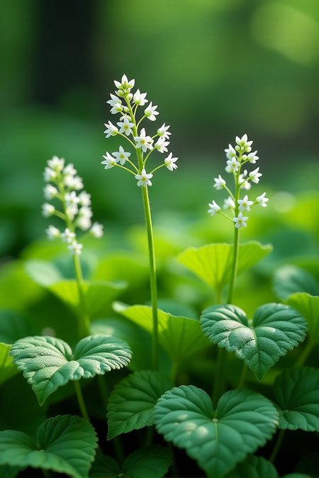 "Visualize delicate clusters of Foamflowers (Tiarella cordifolia) blooming above a carpet of heart-shaped, deeply lobed green leaves in a shaded woodland setting. The airy, star-shaped white flowers are held aloft on slender stems, creating a foamy, cloud-like appearance. The leaves showcase intricate veining and a slightly textured surface. Soft, filtered light illuminates the scene, highlighting the delicate beauty of the flowers and the lushness of the foliage. Focus on the intricate structure of the flowers, the texture of the leaves, and the overall delicate and ethereal feel of the woodland floor. Render in a hyperrealistic botanical illustration style, capturing the minute details of the blooms and foliage. Use a soft and delicate color palette of whites and greens with subtle shadows. 8k resolution, close-up shot focusing on the flower clusters and leaves, emphasizing the intricate beauty of this groundcover."âââ