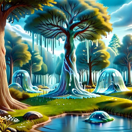 a forest made out of slime, dense-forest, Yggdrasil, a vast tree made out of slime, A large tree made out of slime, brown slime tree, translucent tree, transparent tree, 
everything made of slime, No simple background, ((slime tree)), detailed leaves, detailed bark texture, 
overcast sky, natural light, no bright spots, 
((translucent slime)), ((transparent slime)), (bioluminescent slime), sl1m3, slime, slime-morph, ais-blmn, saturated colors, no creatures, no monsters, no pokemon, scenery only, scenery, ral-lava, watce