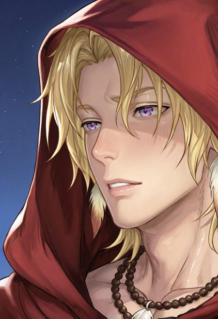 1boy, male focus, CyparN, CyparN_blond_hair, CyparN_purple_eyes, CyparN_feather_earrings, CyparN_beaded_necklace, CyparN_red_hooded_cloak, masterpiece, best quality, amazing quality, ultra-detailed, absurdres, cinematic lighting, intricate details, shiny skin, close-up portrait, night sky background, soft moonlight, gentle expression, wistful gaze, parted lips, expressive melancholic face, slightly from the side, slightly from underneath, masterpiece, best quality, amazing quality, ultra-detailed, absurdres, cinematic lighting, realistic shading, intricate details, shiny skin, newest, 8k resolution, octane render,  <lora:Noctilucent_Cypar:0.8>