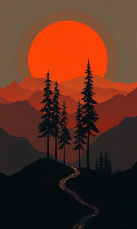 Full shot of a painting or digital artwork. 
A large, vibrant orange-red moon or sun dominates the upper portion of the composition.  Silhouetted against the moon are a group of dark-toned, slender pine or evergreen trees, arranged vertically and centrally.
The trees extend from the landscape's middle ground to the foreground, creating a pathway in the scene.  Beneath and surrounding the trees are layers of muted red-orange tones, suggesting mountain ranges or hills. These layers are layered and graduated in shades, varying from dark red-orange to more muted, almost grayish-orange tones closer to the bottom of the piece.
The background is a mix of dark gray-brown and muted tones, creating a sense of depth and a sky-like atmosphere. The dark tones are more pronounced in the lower foreground, suggesting a hillside or a valley floor.
The overall impression is one of a tranquil, surreal landscape scene at sunset or during an eclipse, emphasizing contrast between the warm tones of the moon and the dark silhouette of the trees and surrounding environment. The style suggests a muted, almost painterly approach to the representation of nature, with a focus on shape and color layering, rather than photorealistic detail.
<lora:FLUX-daubrez-DB4RZ-v2:1> DB4RZ, DB4RZ style painting