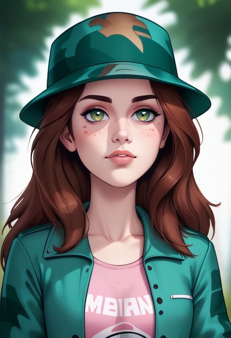 score_9, score_8_up, score_7_up, score_6_up, PRSNL_3_1, uncensored, pupils black dots, lips,
upper body, best quality, masterpiece, 4k, realistic, warm light,
LeafPony, leaf (pokemon), long hair, brown hair, brown eyes,
green headwear, camouflage headwear, long sleeves, jacket, green jacket, open clothes, sleeves past wrists, pink dress, bike shorts, shoes, black footwear,