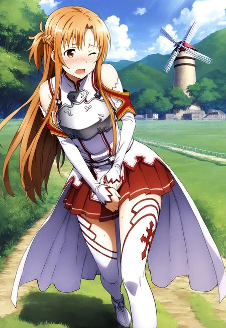 safe_pos, masterpiece, best quality, rating_3, 1girl, solo, asuna_\(sao\), long_hair, skirt, red_skirt, detached_sleeves,  windmill, white_thighhighs, brown_hair,  brown_eyes, breastplate, solo, pleated_skirt, miniskirt, white_belt, holding crotch, desperation, running, nervous, panicking, one eye closed outdoors, nature, bushes