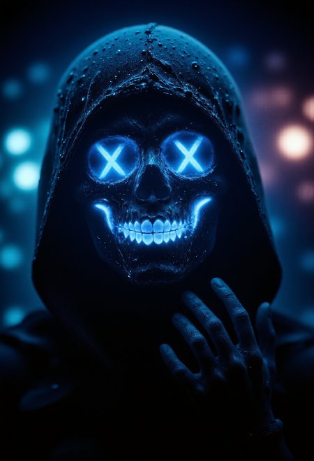 analog film photo . A mysterious figure in a dark hooded cloak stands in a dimly lit environment, their face obscured by a glowing neon mask. The mask features bright blue Xs over the eyes and a wide, stitched smile illuminated in a haunting glow. The background fades into soft, out-of-focus blues and purples, adding a cyberpunk atmosphere. The figure exudes an eerie, intimidating presence, blending into the shadows while the neon mask creates a chilling contrast, casting an ominous aura. mean smile.  detailmaximizer, aiai-Glimra, aidmaGlow, <lora:aidmaImageUpgrader-FLUX-V0.1.safetensors:1.0>,  <lora:flux_sparklycism.safetensors:0.33>,  <lora:- Flux1 - vanta_black_V1.0.safetensors:0.75>,  <lora:dark_fantasy_flux.safetensors:0.5>,  <lora:aidmaGLOW-FLUX-V0.1.safetensors:1.0>,  <lora:aiai-Glimra-Flux-Dev-v2.safetensors:0.5>, <lora:ARTifacts.safetensors:0.5>,   . faded film, desaturated, 35mm photo, grainy, vignette, vintage, Kodachrome, Lomography, stained, highly detailed, found footage
