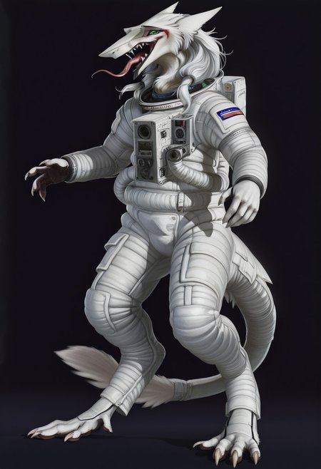 ((Modern_spaceart)), Cannon_design, Sergal, a painting of a sergal with long hair wearing a space suit, sensitive, solo, long hair, looking at viewer, open mouth, animal ears, green eyes, teeth, tongue, tongue out, fangs, sharp teeth, black background, claws, furry, furry female, sharp fingernails, body fur, white fur, snout, astronaut suit, spacesuit, 3d, Cassette_Futurism