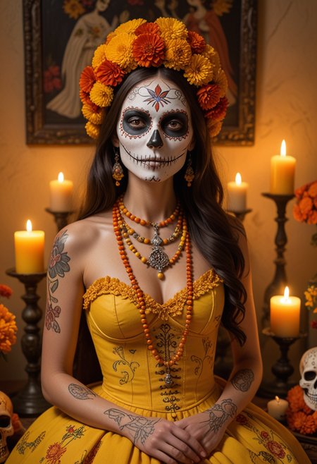 (medium full shot) of (iconic Catrina) young woman, wearing a marigold yellow skull patterned outfit with intricate details, painted skeleton face, beaded necklace, set at Dia de Muertos, in  a serene altar, featuring peaceful marigold displays, soft candlelight, family photos, treasured mementos, and heartfelt offerings, at night, woman smiling, Masterpiece,best quality, photo, realistic, very aesthetic, detailed face,