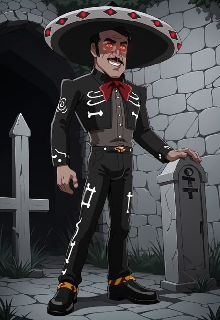 safe_pos, safe_pos, score_9, score_8_up, rating_nsfw, ultra hd, absurdres, best quality, best aesthetic, masculine, hand with five fingers, solo, 1boy, male focus, perfect proportions, erotic, mature male, WolfConF,

LLCharroNegro, hat, black hair, red eyes, mustache, black outfit, looking at viewer, grinning, teeth. full body, graveyard background, glowing eyes, bulge, crotch focus