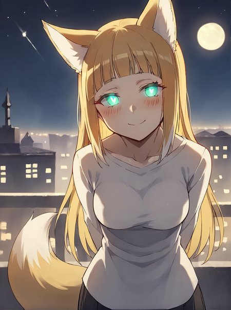 score_9, score_8_up, score_7_up, score_6_up, score_5_up, score_4_up, source_anime, rating_safe,
BREAK
front view, cityscape, night, moon, stars, rooftop, looking at viewer, glowing eyes, smile, white pupils, standing, hands behind back, leaning forward
,
 <lora:sdxl-dm-haruhime:0.8> , 1girl, haruhime, blond hair fox_ears, fox tail long hair blunt_bangs shiny hair, green_eyes sleepy eyes, eyeliner blush medium breasts, uchidenokoduchi,