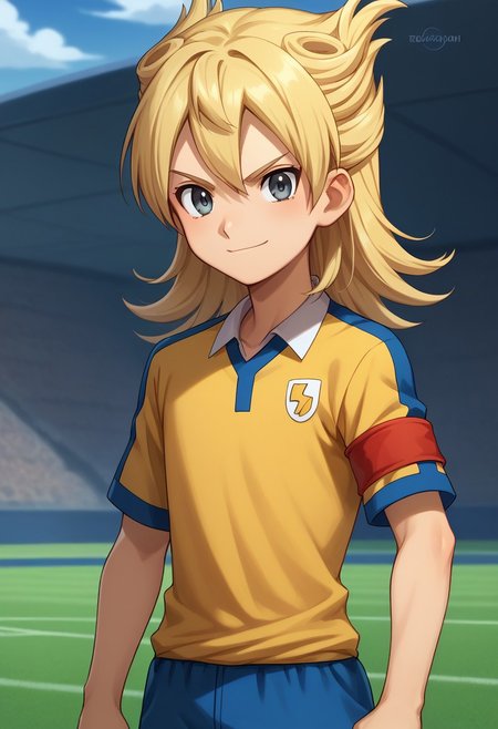 score_9, score_8_up, score_7_up, source_anime, highly detailed, 
tenma, 1boy, male focus, solo, blonde hair, long hair, grey eyes, sportwear, soccer uniform, raimon soccer uniform, raimon, yellow shirt, red armband, armband, smile, determined, looking at viewer,
outdoor,
