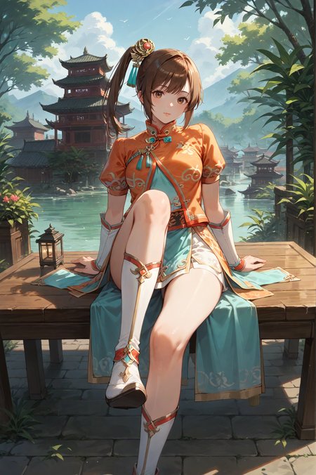 score_9, score_8_up, score_7_up, source_anime, masterpiece, A woman sitting on the edge of a table, one leg crossed over the other, leaning back on her hands., <lora:Xiaoqiao_Dynasty_Warriors:0.8> 1girl, solo, brown hair, side ponytail, brown eyes, chinese clothes, hair ornament, outdoors, looking at viewer