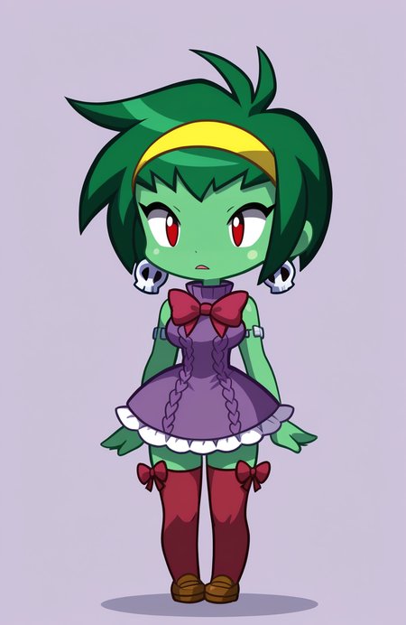 1girl, solo, 
rottytops, green skin, green hair, short hair, red eyes, white aran sweater, sleeveless dress, purple dress, frilled dress, red bow legwear thighhighs, yellow kiltie loafers,
standing, arms relaxed by side, even stance, nonchalant expression, simple design, <lora:ShantaeChibi:1> shntchibi, chibi, extremely detailed, highres, masterpiece, best quality