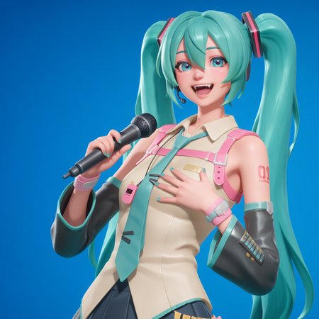 highly detailed, (upper body:1.3), (:d, happy, singing  holding microphone, solid background, blue background, hand on own chest, singing:1.5), fortnite_nemia, hatsune miku, 1girl, solo, aqua nails, aqua necktie, bare shoulders, black skirt, black sleeves, black thighhighs, boots, detached sleeves, hair ornament, hatsune miku, headphones, headset, looking at viewer, miniskirt, nail polish, necktie, pleated skirt, shirt, shoulder tattoo, skirt, sleeveless, sleeveless shirt, open mouth, fangs, teeth,  <lora:Fortnite_Nemia_Demonically_Cute_Set_ILXL_E41_16_DIM:0.9>