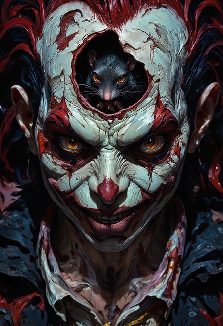 pinkdarkfantasy, A closeup of a clown, whose eyes are an empty socket, in one eye socket a rat is looking out, a sinister smile across the clowns face